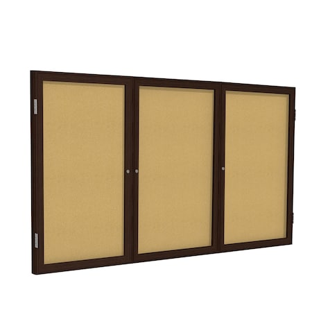 Ghent Enclosed Bulletin Board, 3 Door, Cork, Walnut Frame, 4 ft H x 8 ft W, Natural PN34896K